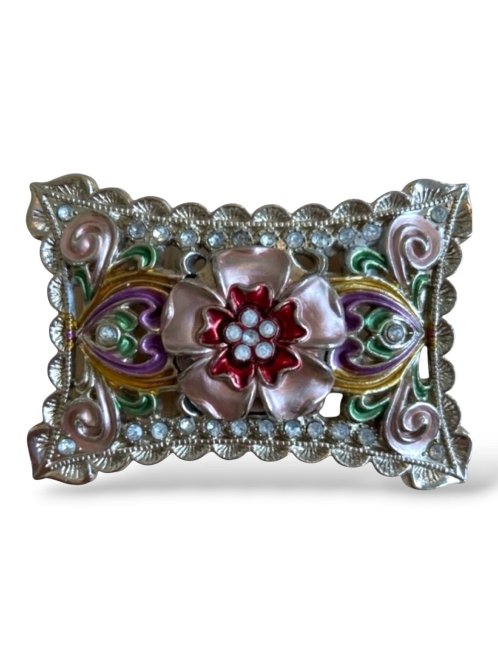 Feminine floral belt buckle western coastal cowgirl crystal incrusted pink silve